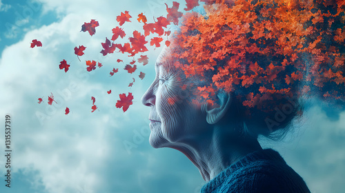 Dementia and Alzheimer concept. Illustration with woman and leaves flying from head