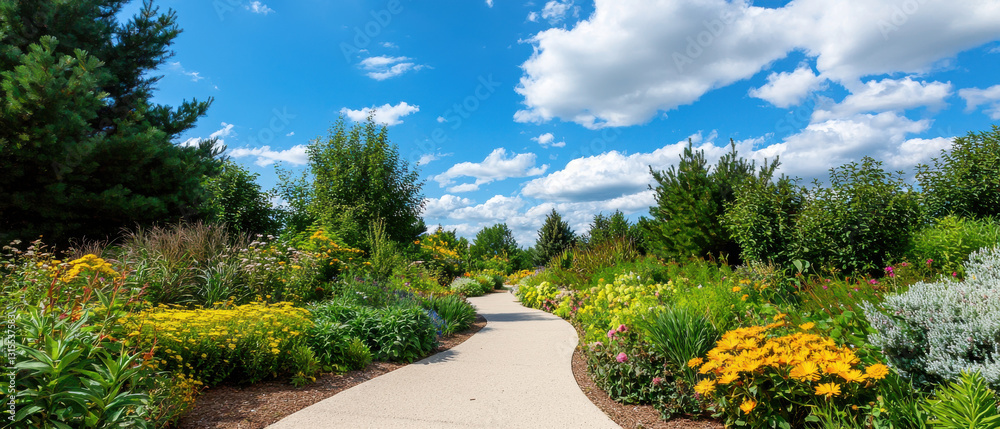 Naklejka premium dreamy pathway through vibrant garden leading toward sunny sky