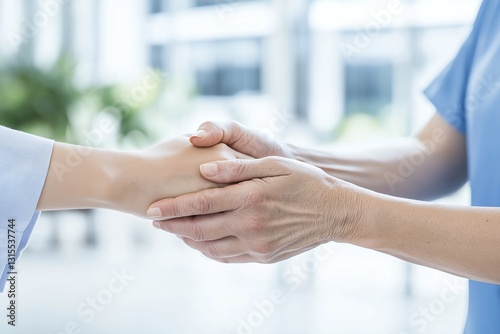 Two pairs of hands engage in a supportive handshake, symbolizing trust and reassurance in a healthcare setting. The soft focus creates a warm atmosphere for connection and care.