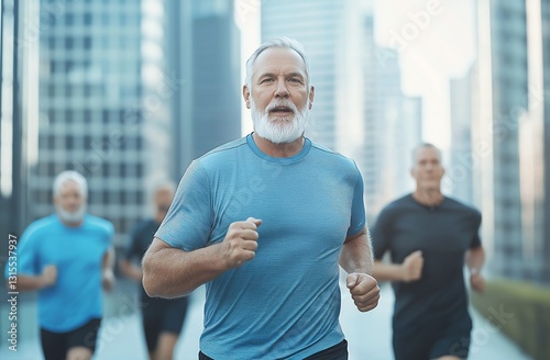 Active seniors jogging in an urban environment, promoting fitness and healthy lifestyle choices. Emphasizing the joy of running and staying physically active at any age.