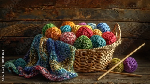 Colorful Yarn Balls in a Wicker Basket with Knitting Needles and Handmade Knitted Fabric