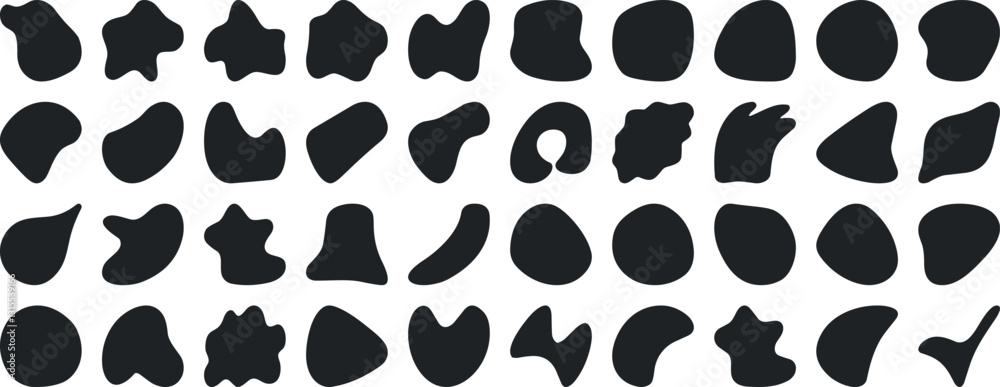 Fototapeta premium Black blob shapes, abstract organic forms, vector illustration. Modern blob shape design elements isolated on white background. Unique, artistic, creative, trendy, stylish