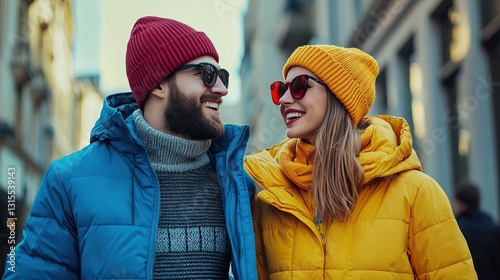 Happy Young Couple in Colorful Winter Clothes Smiling and Walking Together on City Street