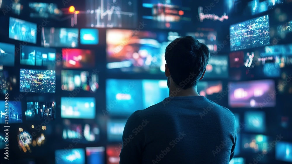 A person observing numerous screens displaying data and visuals A person observing numerous screens displaying data and visuals