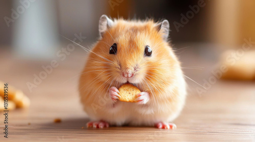 hamster munching on treat, showcasing silly expression and fluffy fur photo
