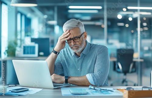 A stressed businessman is looking at his laptop with a worried expression