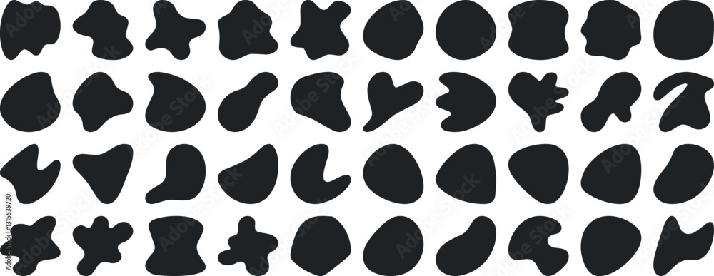 Fototapeta premium Black blob shapes, abstract organic forms, vector illustration. Modern blob shape design elements isolated on white background. Unique, artistic, creative, trendy, stylish