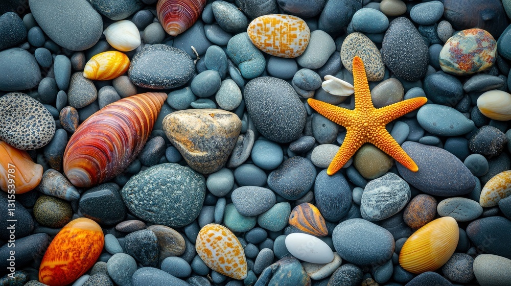 Vibrant Starfish Amongst Smooth Sea Stones and Shells Vibrant Starfish Amongst Smooth Sea Stones and Shells