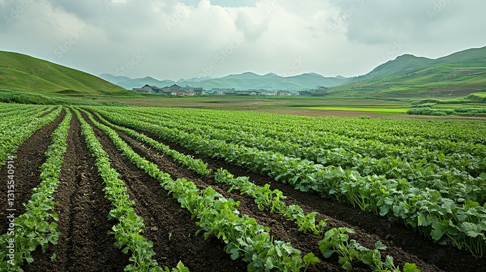 Lush green fields with rows of cultivated crops in the landscape Lush green fields with rows of cultivated crops in the landscape