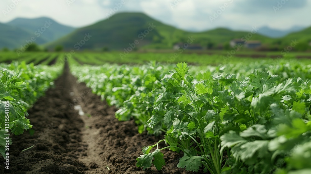 Rows of green crops growing within a vast agricultural farmland Rows of green crops growing within a vast agricultural farmland