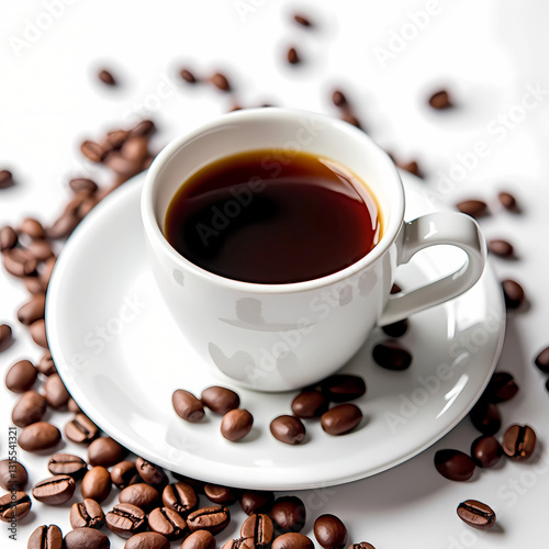 Cup of coffee seen from above with coffee beans on the table