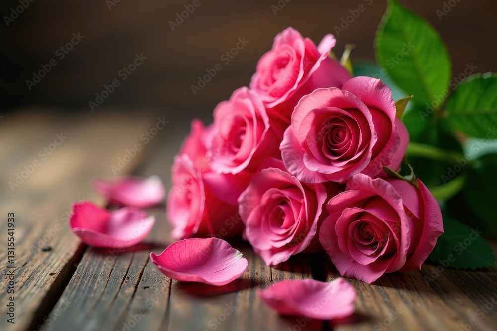 Bouquet of Bouguet roses with loose petals on a wooden table, bloom, roses, charm Bouquet of Bouguet roses with loose petals on a wooden table, bloom, roses, charm