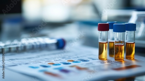 Medical Test Tubes with Yellow Liquid on Lab Report