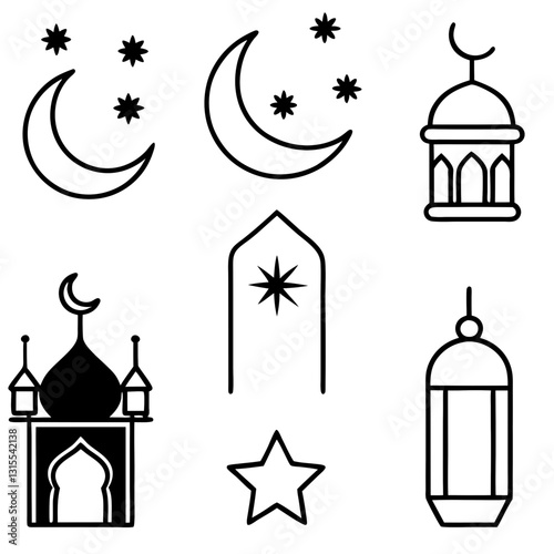 set of Eid al-Fitr Festive Décor for Eid Mubarak Vector art illustration. Islamic religious icons