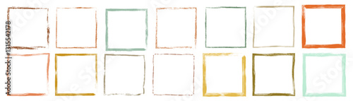 Vector hand drawn set with grunge brush square frames and borders in earthy brown and green tones for graphic design