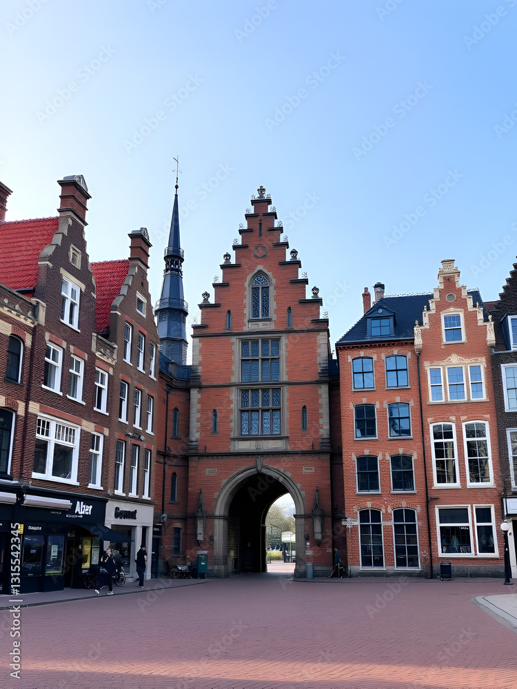 Obraz premium Historic buildings with city gate in the center of Nijmegen in the Netherlands.
