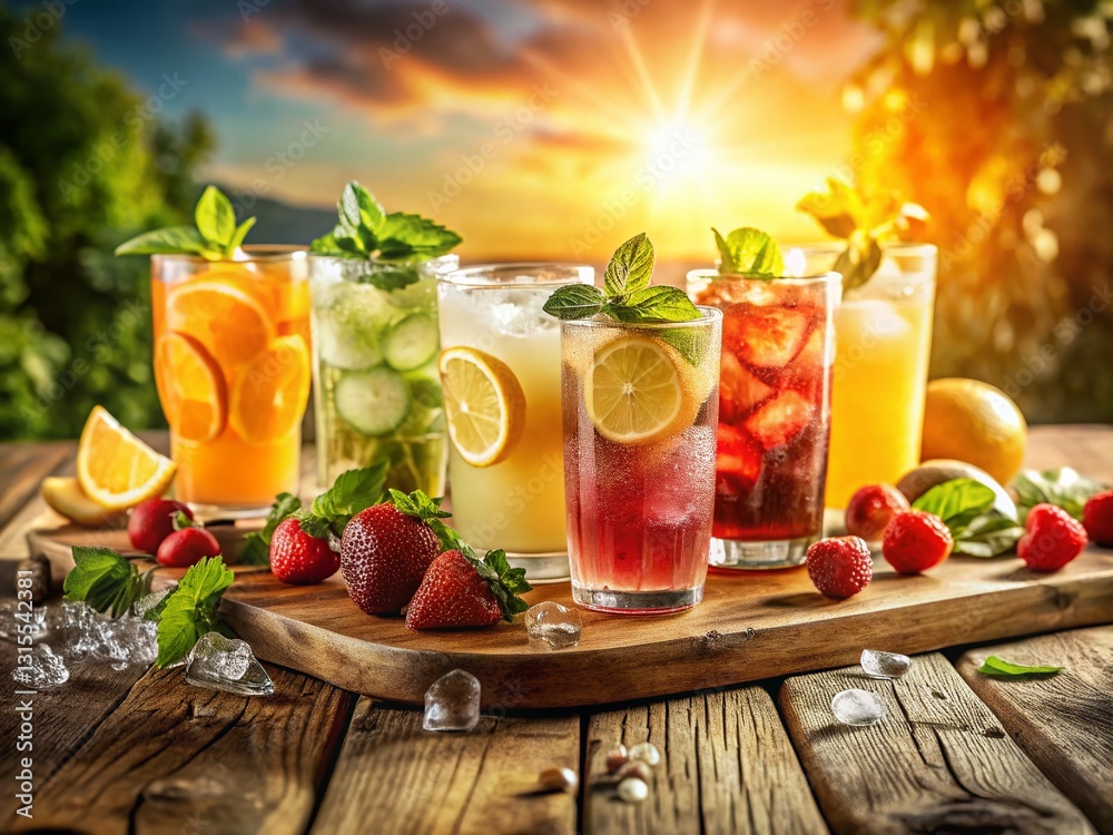Refreshing Iced Drinks Lineup on Rustic Wooden Table - Perfect for Summer Events Refreshing Iced Drinks Lineup on Rustic Wooden Table - Perfect for Summer Events
