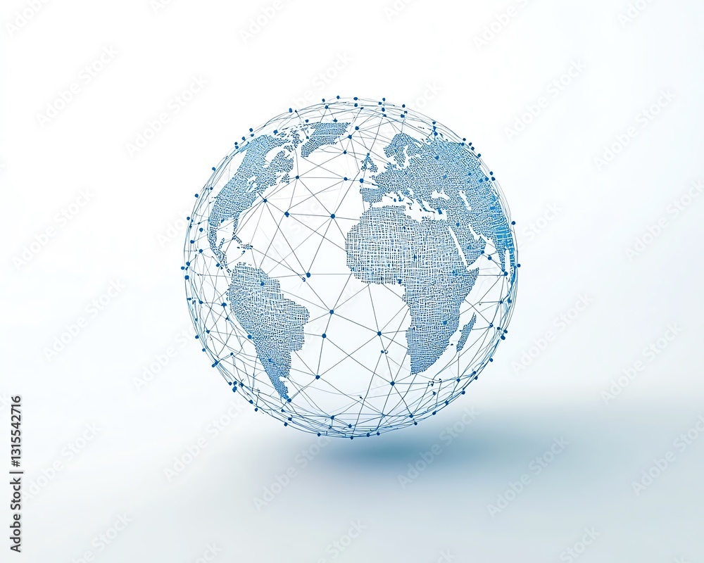 A stylized wireframe globe with abstract lines on a white background, depicting global connectivity