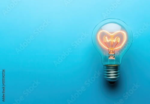 Heart-shaped light bulb glowing with an intricate filament design against a bright turquoise background for creative and romantic concepts