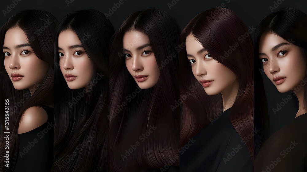 Obraz premium Young Asian women with long dark hair and natural makeup in black outfits pose for beauty portrait series showing different angles and expressions against dark background.