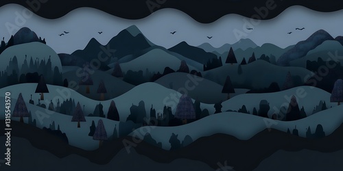 Tranquil mountain valley, stylized vector art landscape illustration