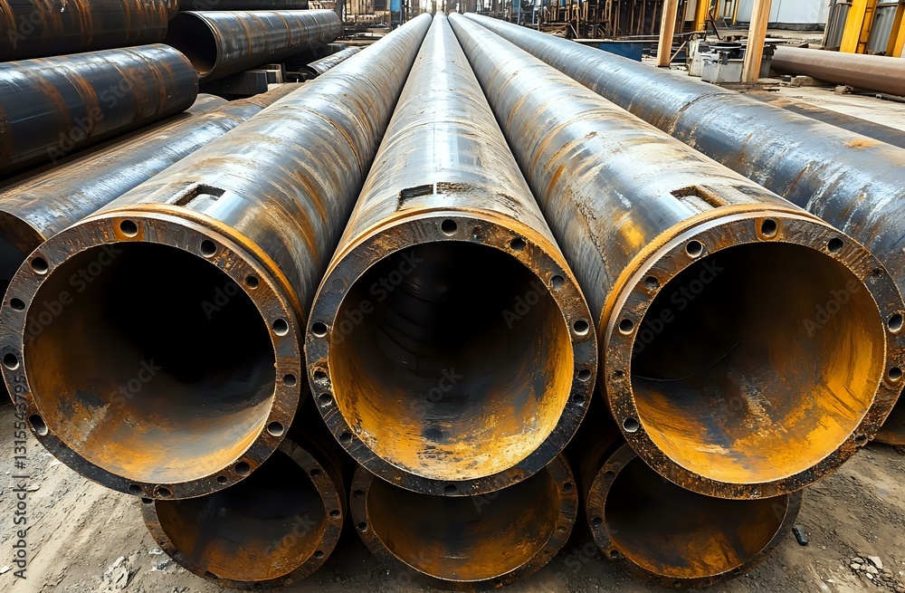 Naklejka premium Large industrial metal pipes with flanged ends stacked in warehouse storage area, showing raw steel construction materials for pipeline infrastructure.