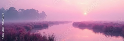 Soft pink hues fade over misty marsh landscape with calm reflection, nature, mist, reflection