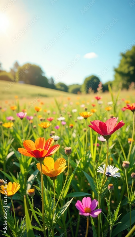 Obraz premium Sunlit fields of colorful wildflowers and tall grass, grass, cornflower, flowers