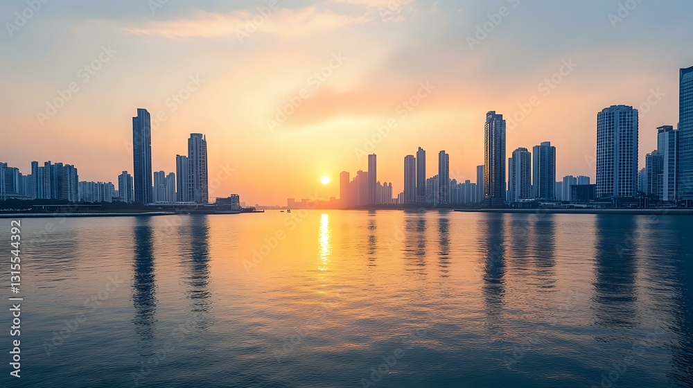 Obraz premium Modern city skyline with tall skyscrapers silhouetted against orange sunset sky, reflecting in calm water surface during golden hour. Peaceful urban waterfront scene.