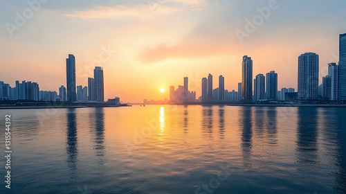 Wallpaper Mural Modern city skyline with tall skyscrapers silhouetted against orange sunset sky, reflecting in calm water surface during golden hour. Peaceful urban waterfront scene. Torontodigital.ca