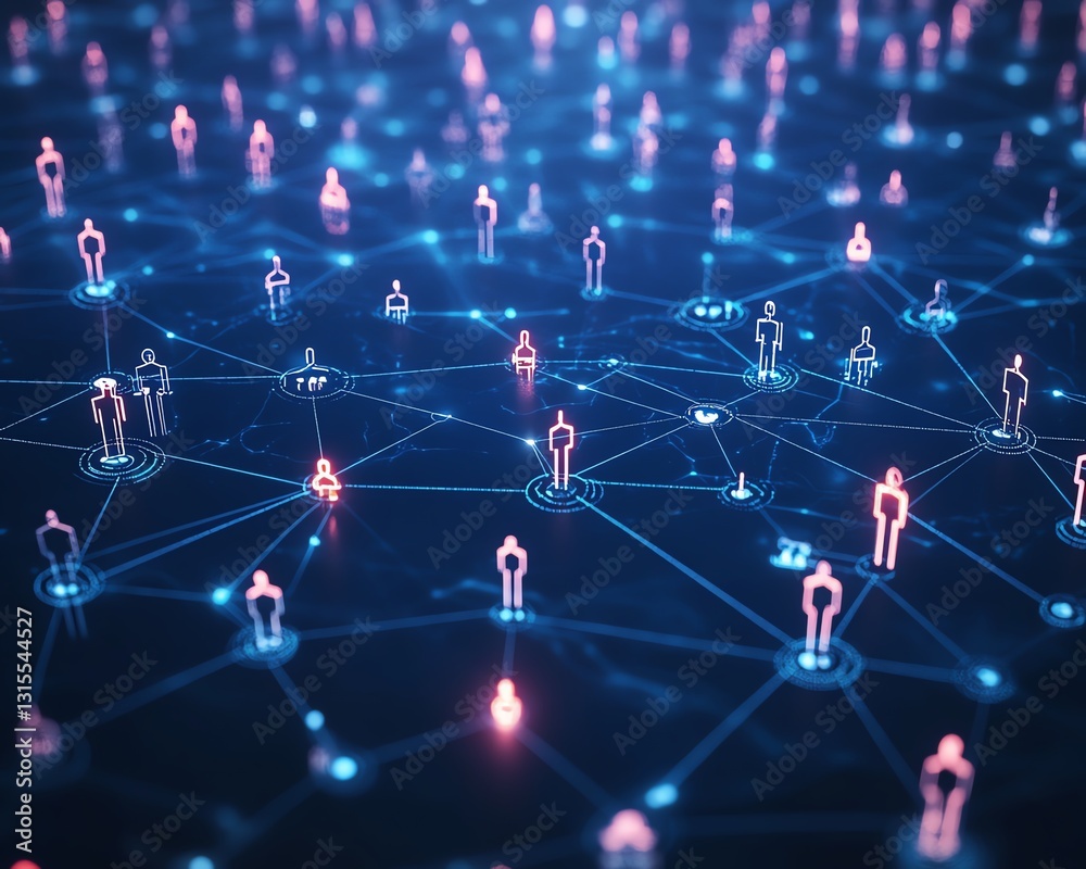 Abstract digital network connections with nodes and lines on a dark blue background, concept of connectivity Generative AI