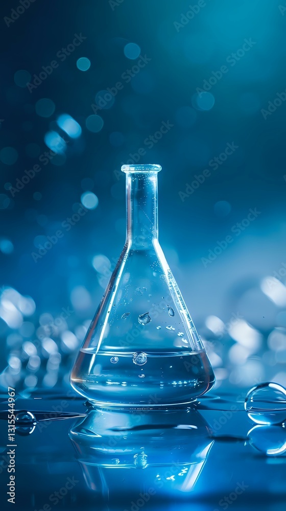 Laboratory glass flask with clear liquid and bubbles on blue background with bokeh lights and reflection on glossy surface. Scientific research concept. Laboratory glass flask with clear liquid and bubbles on blue background with bokeh lights and reflection on glossy surface. Scientific research concept.