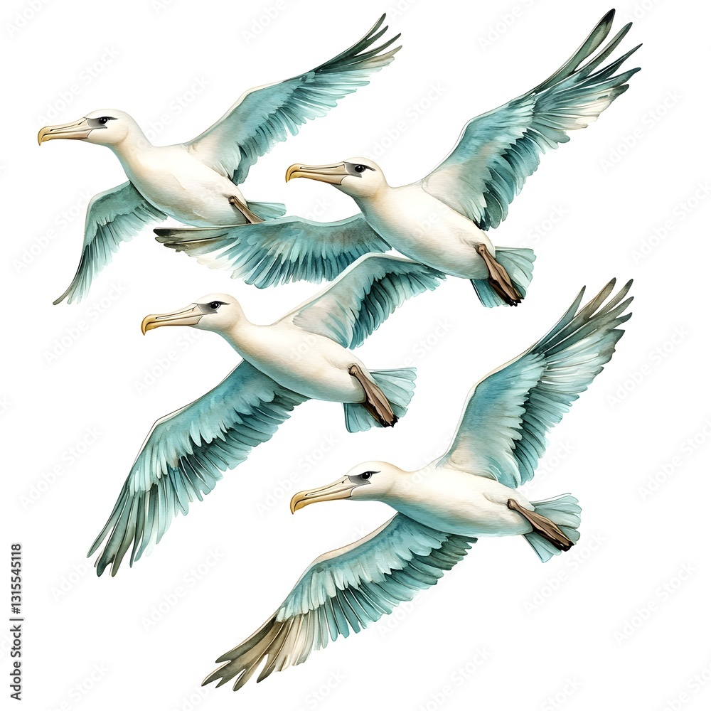 Fototapeta premium Three graceful seagulls soaring high in the clear blue sky with soft watercolor brush strokes and gentle movement
