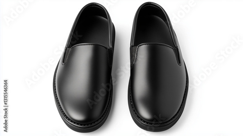 A pair of isolated black slip-on shoes, showcasing their sleek and simple design.
