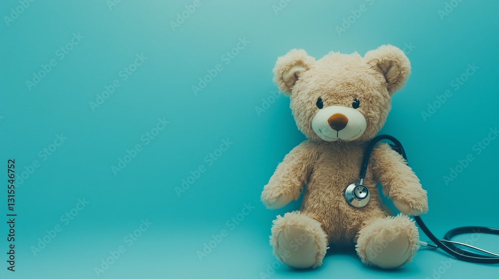 A teddy bear with a stethoscope on a blue background, offering space to copy, symbolizing fun pediatrics and children's medicine.
A teddy bear with a stethoscope on a blue background, offering space to copy, symbolizing fun pediatrics and children's medicine.