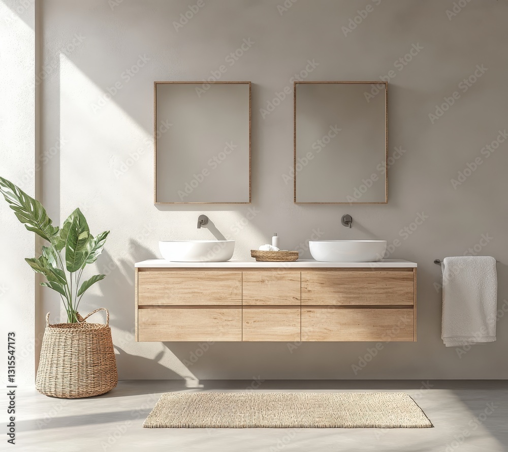 Fototapeta premium Modern Bathroom Interior Design with Wooden Vanity, Two Sinks, and Natural Light Streaming Through Windows