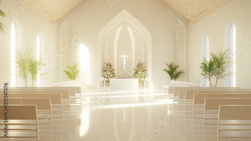 Bright, modern church interior with altar and cross amidst sunlit atmosphere