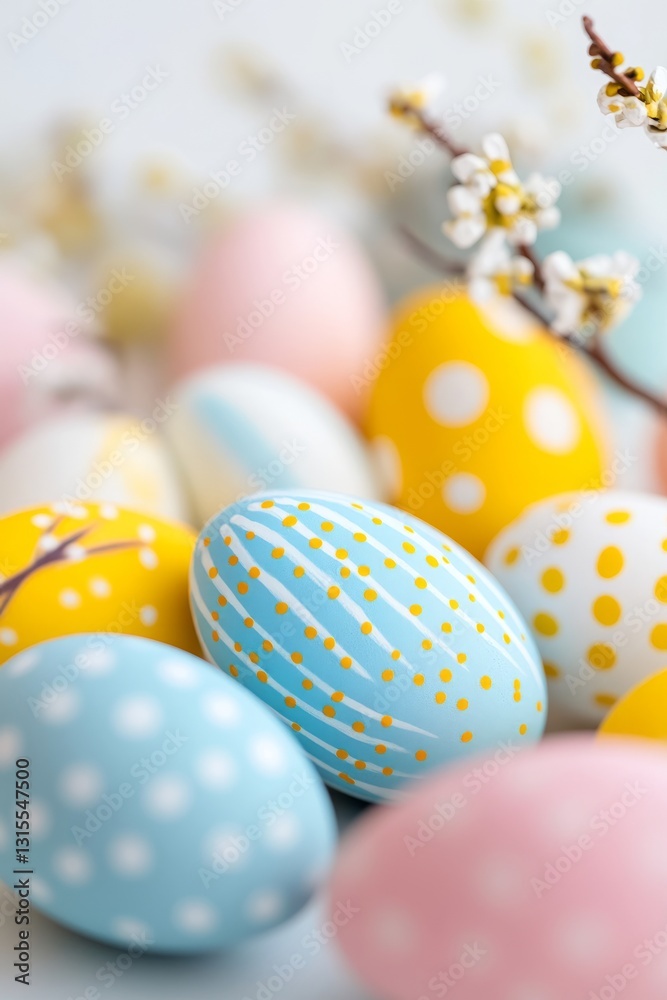 Fototapeta premium Decorative Easter eggs, closeup colorful eggs, Easter eggs pastel colors