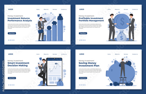 Set of Landing page template set of Investment and saving money concept showing financial growth, budgeting, and future planning with charts and coins