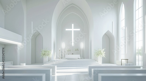 Minimalist white church interior with arched ceilings and illuminated cross