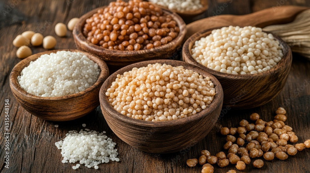 Variety of Grains and Seeds in Wooden Bowls on Rustic Wooden Table Variety of Grains and Seeds in Wooden Bowls on Rustic Wooden Table