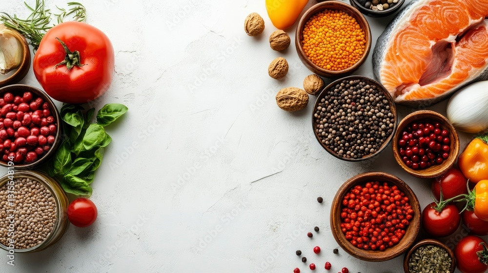 Healthy Food Ingredients Flat Lay Fresh Vegetables, Spices, Herbs, and Salmon Healthy Food Ingredients Flat Lay Fresh Vegetables, Spices, Herbs, and Salmon
