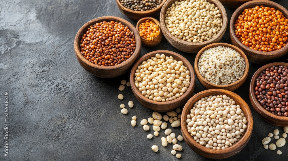 Assortment of Grains and Legumes in Wooden Bowls on Dark Background