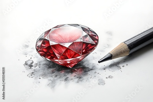 Realistic Pencil Sketch of a Red Gemstone Diamond Drawing Jewelry Design Inspiration