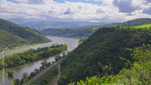 Panorama nature aerial view of Rhine Valley with a bend in the Rhine river, Germany