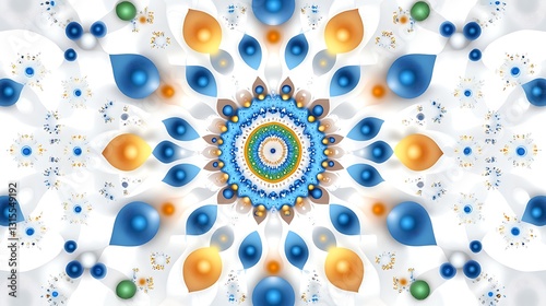 Abstract Mandala Blue Orange and White Fractal Art Design with Geometric Patterns and Ornamental
