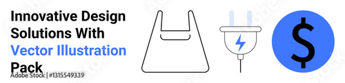 Shopping bag, electric plug with lightning bolt, and blue dollar sign suggesting eco-friendly packaging, renewable energy, and financial growth. Ideal for e-commerce, sustainability, energy, economy