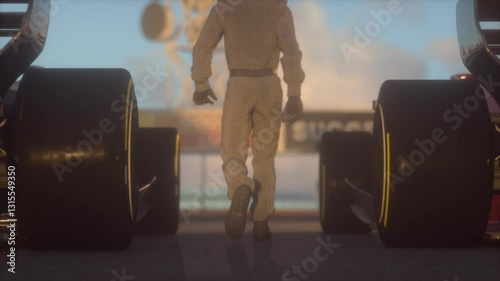Race Day Champion: Driver Walking Between Two Racing Cars at Sunset