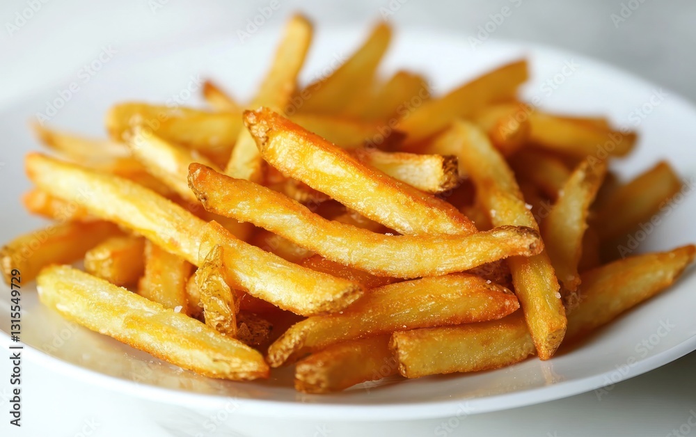 Golden french fries on a white plate. Crispy, delicious, and salty Golden french fries on a white plate. Crispy, delicious, and salty