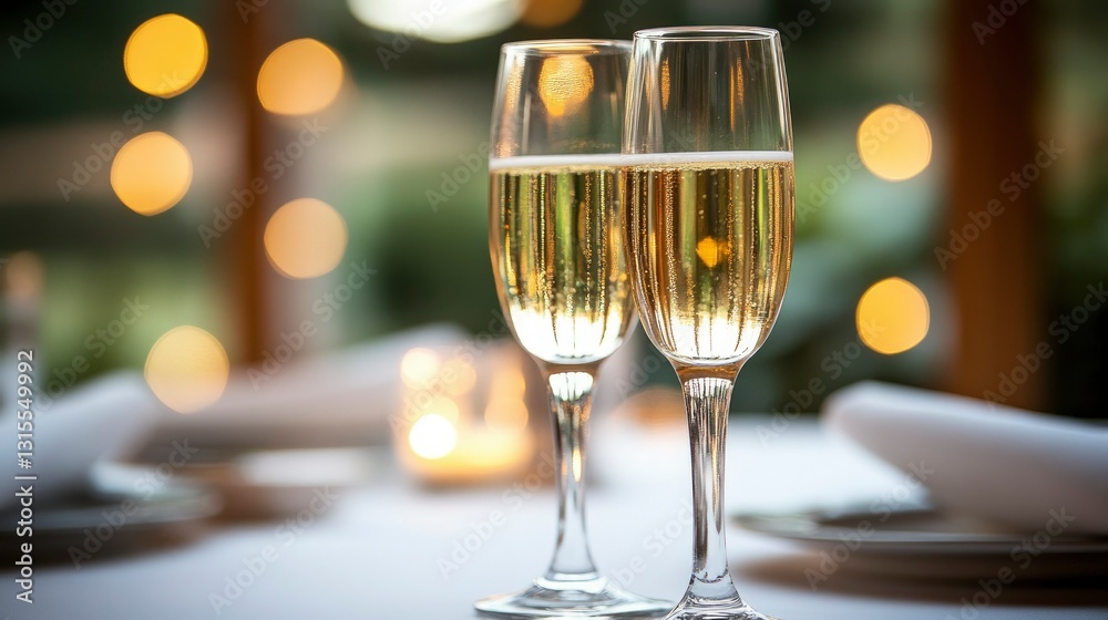 Two Glasses of Sparkling Wine on a Table with a Bokeh Background Two Glasses of Sparkling Wine on a Table with a Bokeh Background